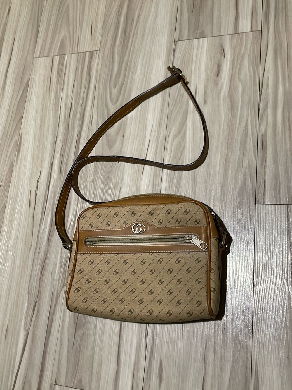 Gucci Tan Logo Crossbody Bag with Brown Trim